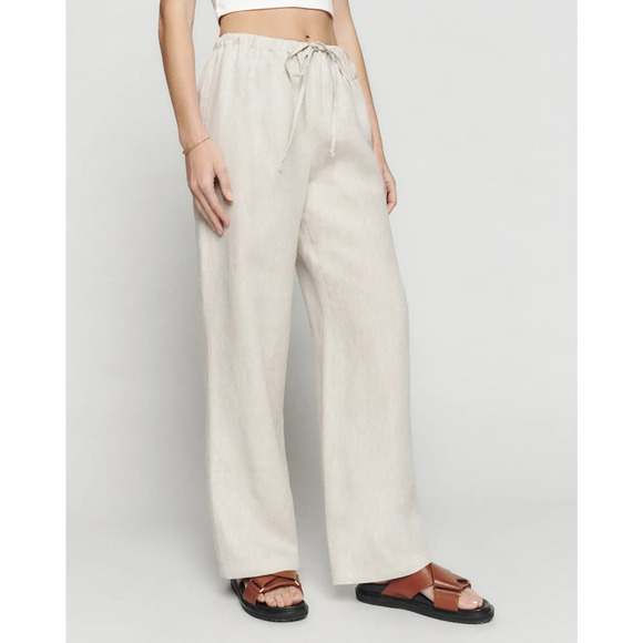 NWT Reformation Olina Linen Pant Drawstring Wide Leg Size L Petite Oatmeal - Picture 2 of 12
